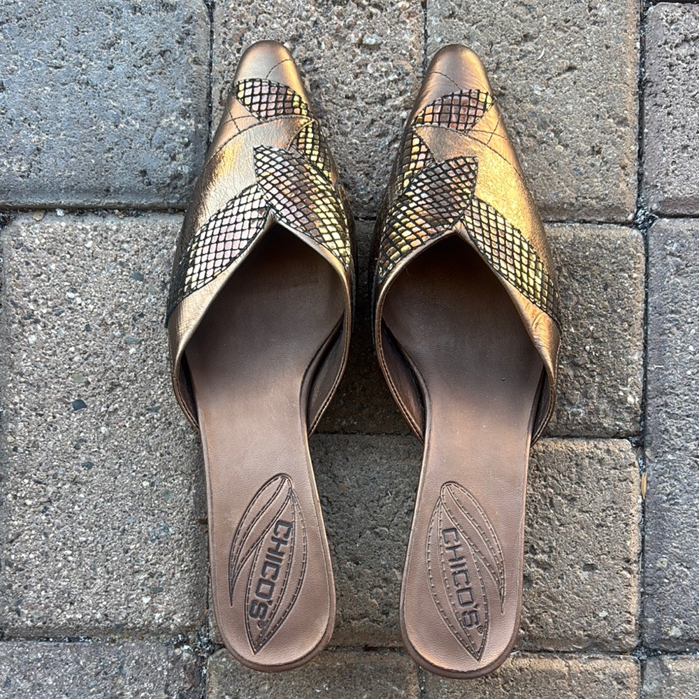 Chico's Metallic Gold and Black Patterned Mules